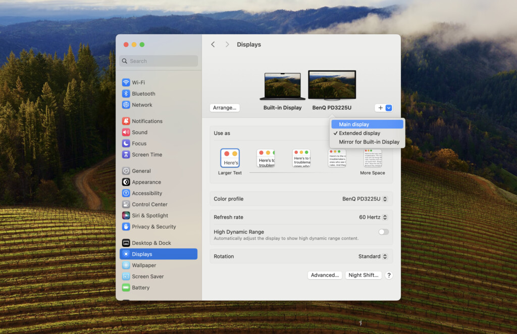 BenQ PD3225U display arrangement settings mac